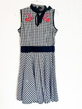 Too Fast Gingham Cherry Embroidery Dress Large Black White Rockabilly 50s Retro